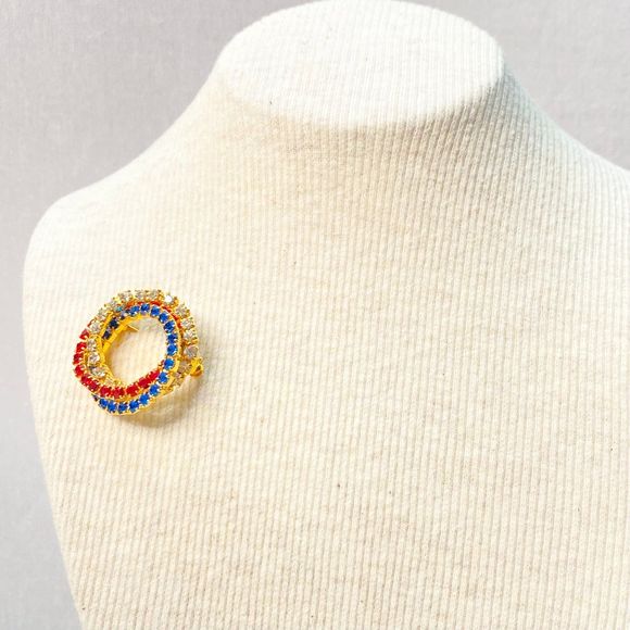 Spiral Circle Brooch Red White Blue Rhinestone Strands On Gold Tone Metal - Picture 2 of 8